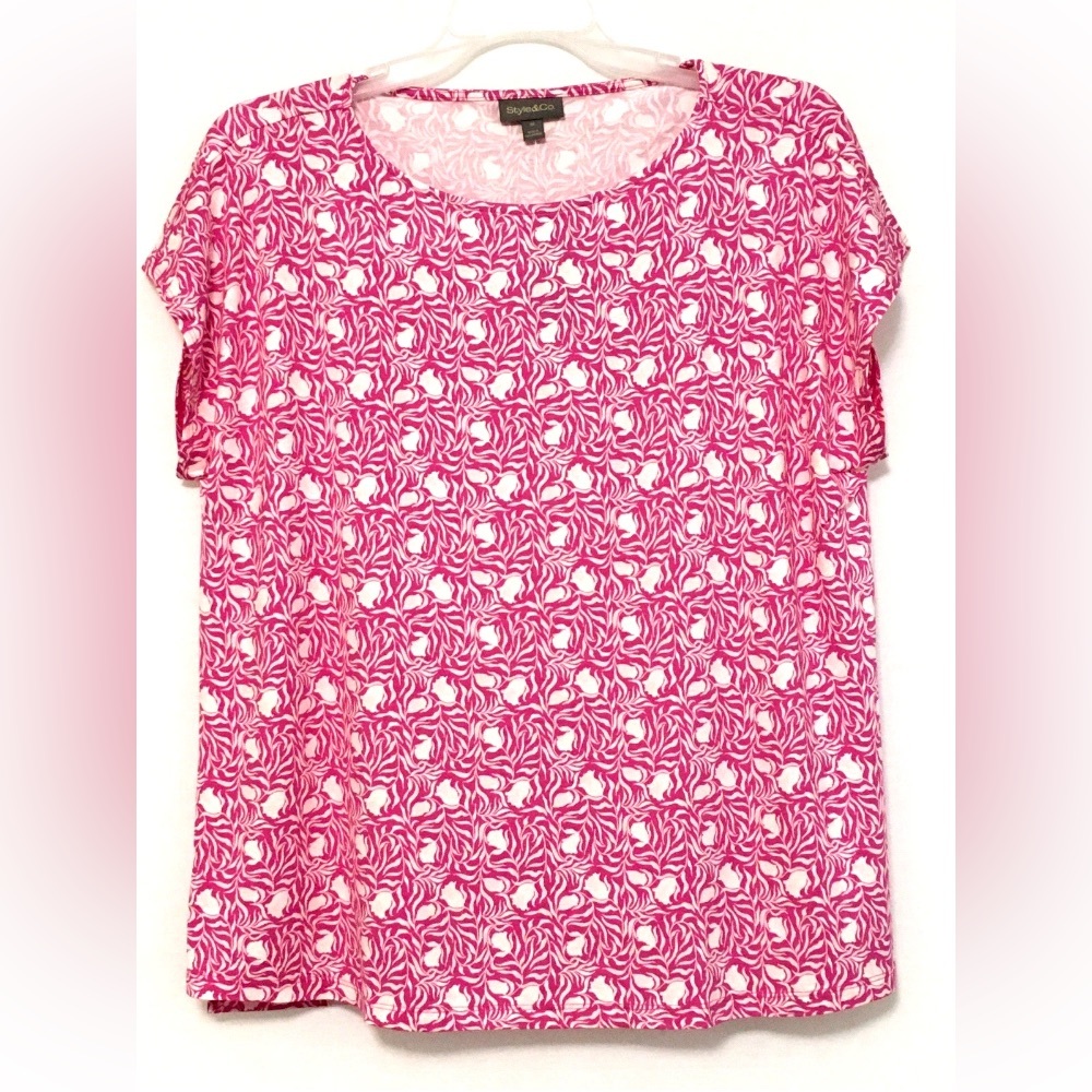Style & Co Womens Plus Size 1X Mini Milo Pink Mix Media Fabric Tee Shirt Top - Picture 1 of 7